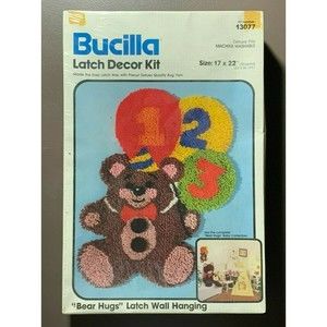 Vintage Bucilla Latch Hook Kit Wall Hanging Bear Hugs 123 Balloons Baby 17"x22"